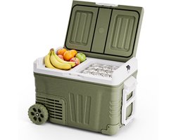 Auronic Elektrische Koelbox - Compressor - 2 Zones - 33L - 12/24V en 240V - Koelen en Vriezen - Camping Koelkast - Frigobox Auto - Met Wielen en Hendel - Groen