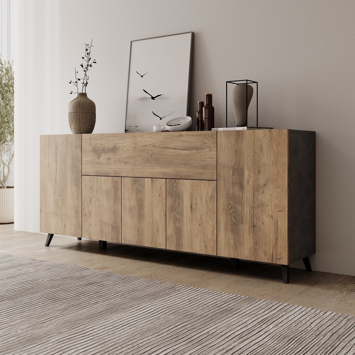 Meubella - Pulse 4 - Dressoir - Eikenpatroon/Grijs - 180x39x76 cm