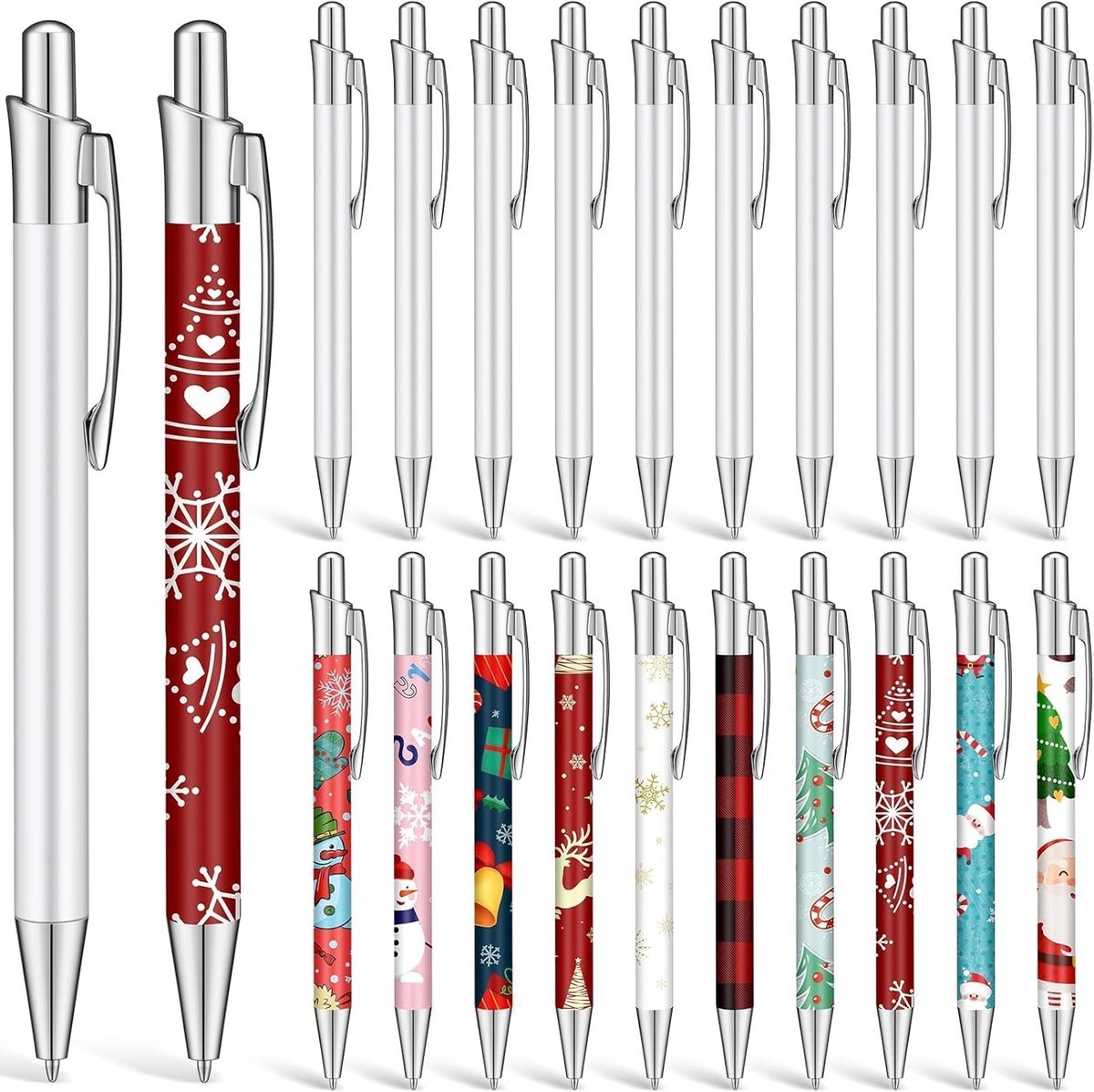 20 Stuks Sublimatie Balpennen, 5.5 Inch Lege Heat Transfer Pennen met Aluminium Clip en 20 Stuks Krimpfolie voor Kantoor, School en Kerstbenodigdheden