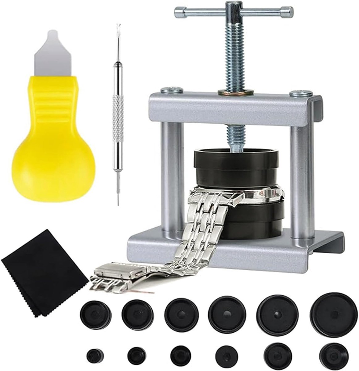 Vervangingsset voor horlogebatterijen - Horloge Pers Set - Batterij Vervangen - Horlogemaker Gereedschap - 12 Maten Molds - Horloge Reparatie Set - Kastsluiter - Pers Tool - Glas Pers - Inclusief Kastopener - Zilver-Zwart