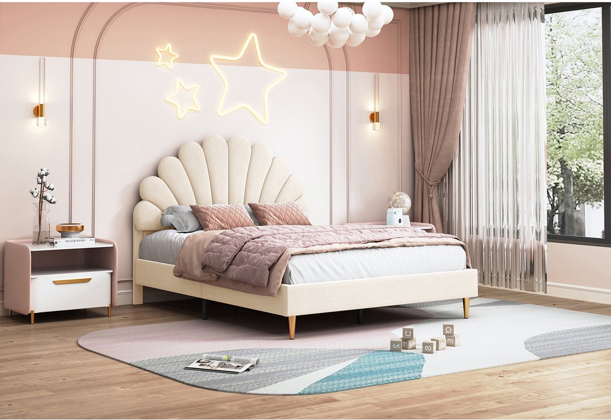 ROSAHQNDA Elegant gestoffeerd bed 140 x 200 cm, modern tweepersoonsbed met bloemvormig hoofdeinde, fluwelen bekleding, zonder matras (verzonden in 2 pakketten) beige