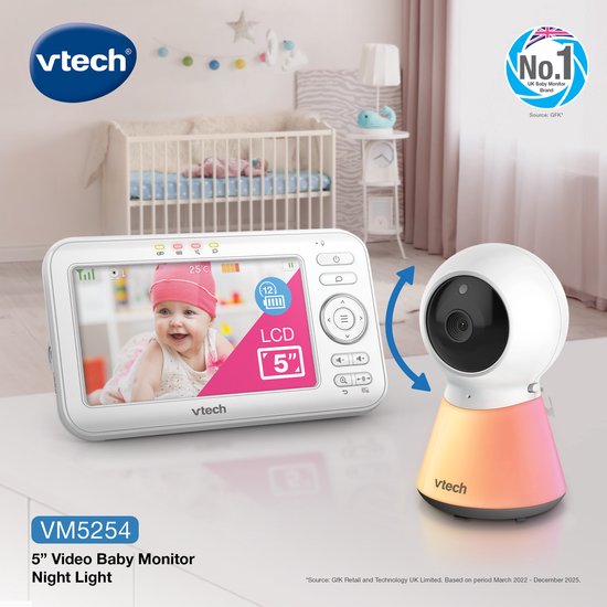 VTECH Babyfoon met camera VM5254, tot 300 meter bereik, 5 inch LCD scherm, nachtzichtmodus.