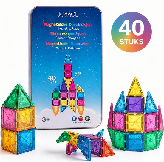 Joyage Mini magnetic tiles Travel set - 40 stuks - Magnetische tegels Reisset - Reisspeelgoed Magnetisch bouwspeelgoed - Magnetisch speelgoed voor onderweg Montessori Speelgoed voor in de auto in het vliegtuig Magna Magneten speelgoed jongens meisjes