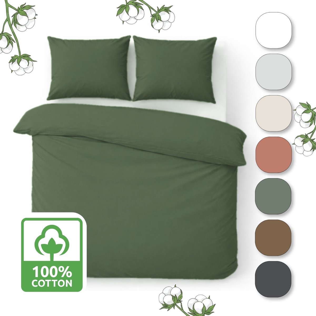 Muné Bedding - Hotelkwaliteit Dekbedovertrek Katoen Satijn 300TC - 260x220 - Inclusief Kussensloop | 3-zijdige Rits - Olijf Groen