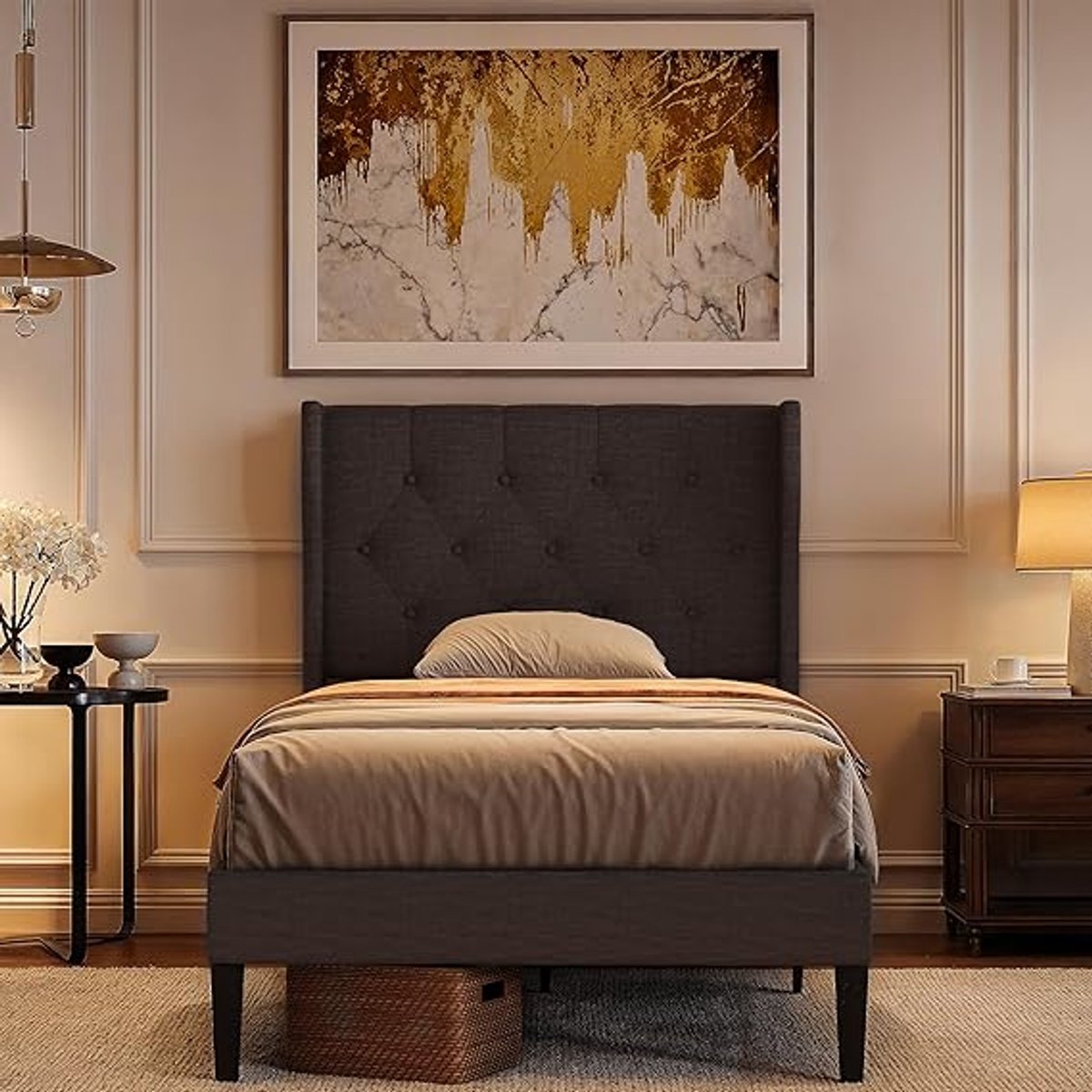 uxe ComfortLine Gestoffeerd Eenpersoonsbed 90x200 cm met Hoofdbord, Lattenbodem en 20 cm Opbergruimte – Modern, Stevig en Geluidsloos Design – Donkergrijs