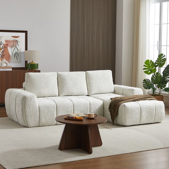 BAÏTA - AUREA - Hoekbank Rechts - 4-Zit - Beige – Moderne Stoffen Bank met Chaise Longue – Compact Geleverd & Eenvoudig Te Monteren