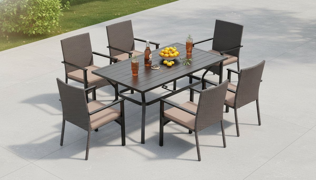 Luxe 7-delige Rotan Tuinset – 6 Persoons Tuinmeubelset met Rechthoekige Eettafel (152x96 cm) & Parasolgat 4–5 cm – Weerbestendige Polyrotan Terrasset met Stalen Frame & E-coating – Outdoor Dining Set voor Tuin & Terras – Medahomestore – foto 7