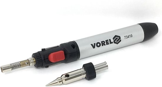 Zilverkleurige VOREL gas soldeerbout met rode schakelaar en extra soldeerpunt.