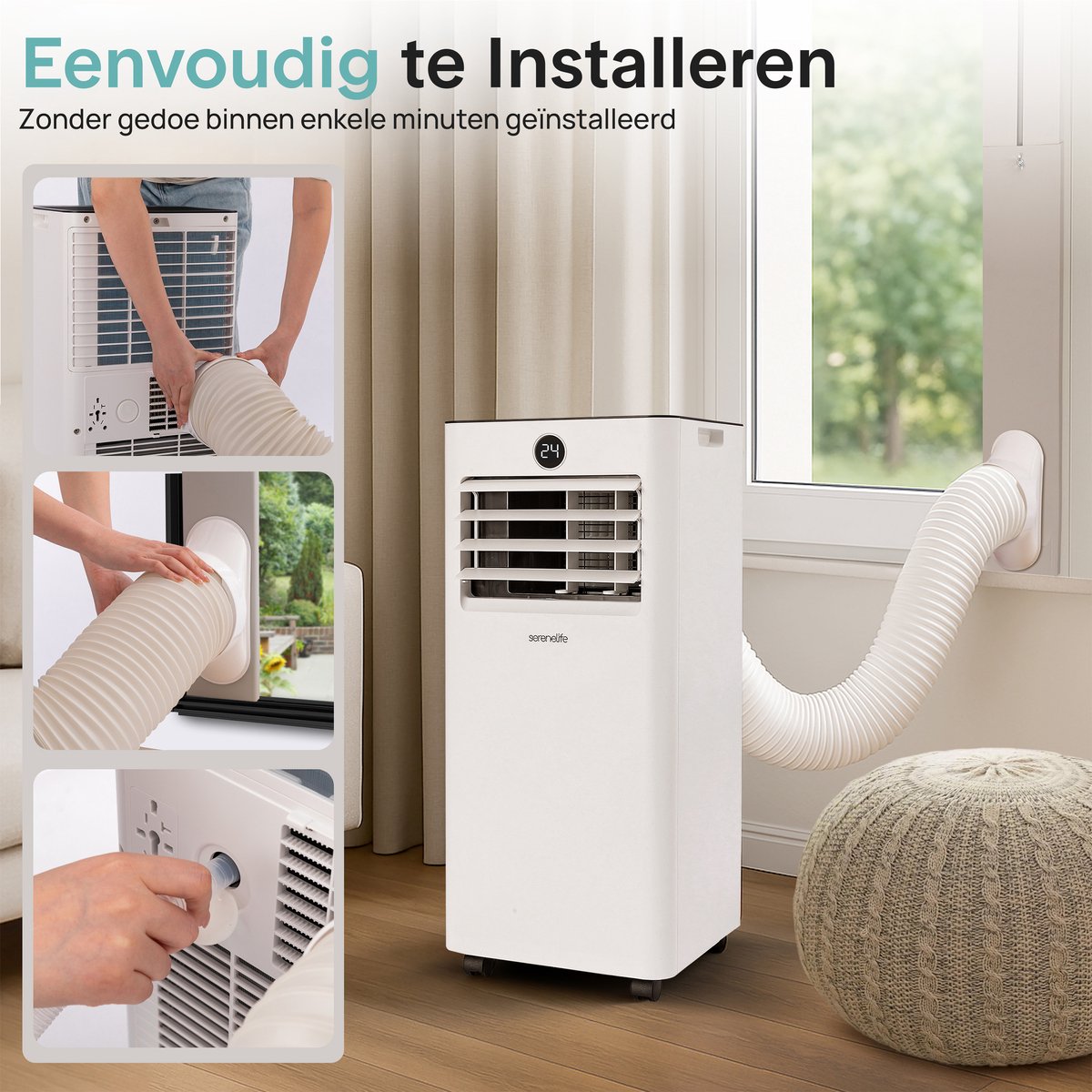 Mobiele airco 7000 BTU SereneLife, koelt tot 28 m², stil 54 dB, WiFi, ontvochtiger, timer, raamkit inbegrepen - Afbeelding 5