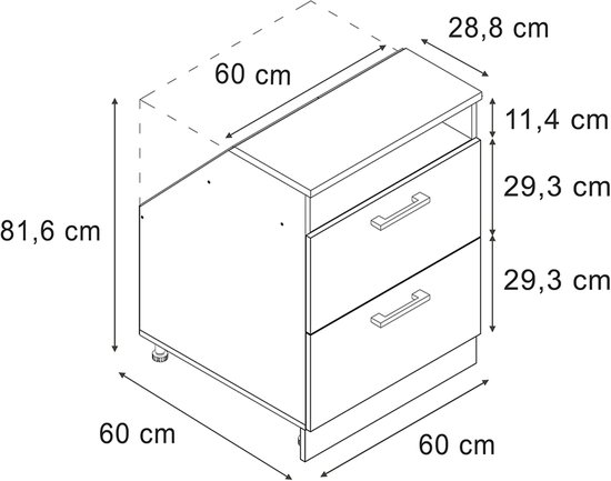 Schematische weergave van een grijze keukenkast met 2 laden en een open vak, met afmetingen.