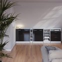 Moderne zwarte en witte opbergkasten met laden en planken in een woonkamer