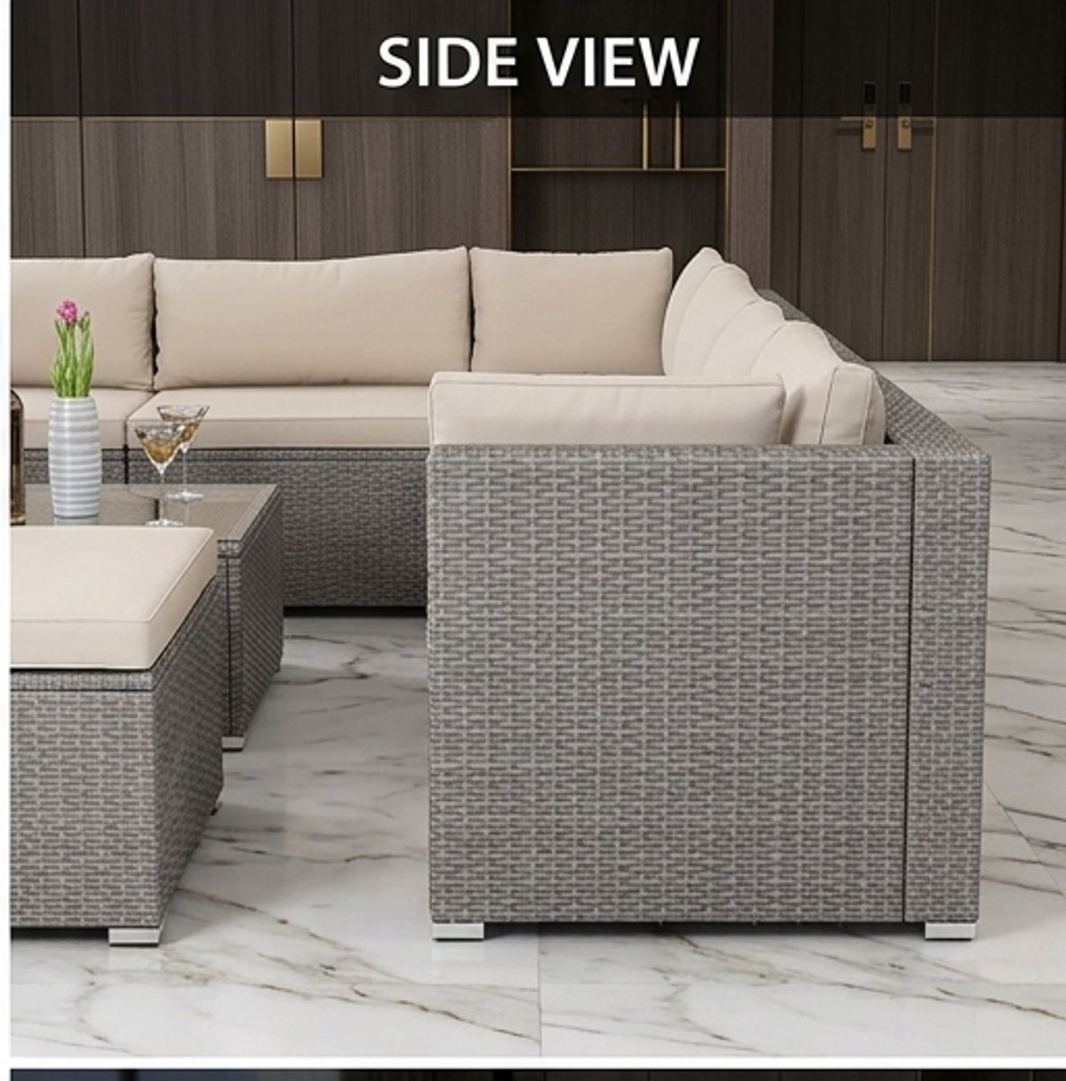 Luxe XXL Polyrotan Tuinmeubelset voor 8 Personen – Modulaire Weerbestendige Lounge Hoekbank met Dikke Kussens en Glazen Tafel met Opbergruimte – 280x210 cm Outdoor Tuinset voor Terras, Tuin en Balkon – Crème | medahomestore