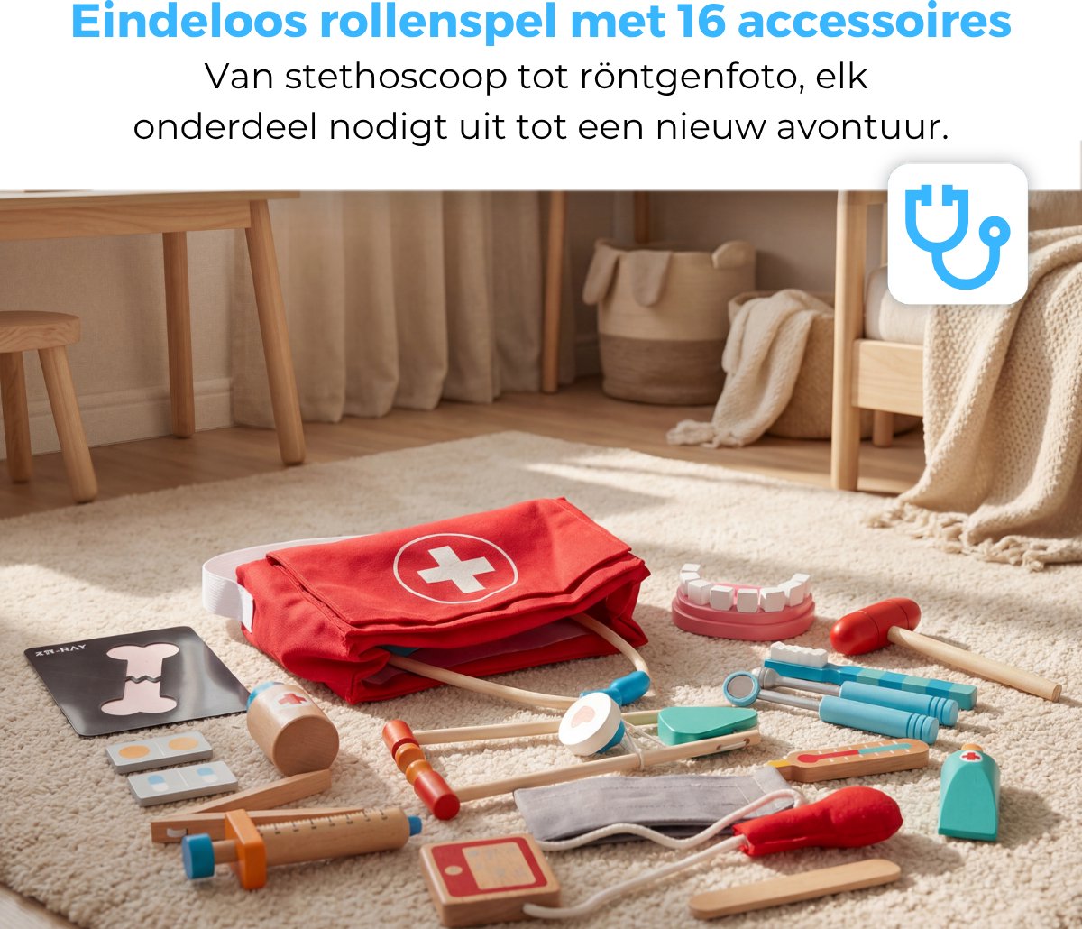 Mauzek® Dokterset Speelgoed - Montessori Speelgoed - Inc Dokterstas - Dokter Speelgoed - Dokterskoffer - Doktersset - Houten Speelgoed - Educatief Speelgoed - Peuter Speelgoed - Jongens - Meisjes - 3 jaar - 4 jaar - 5 jaar - 6 jaar — afbeelding 9