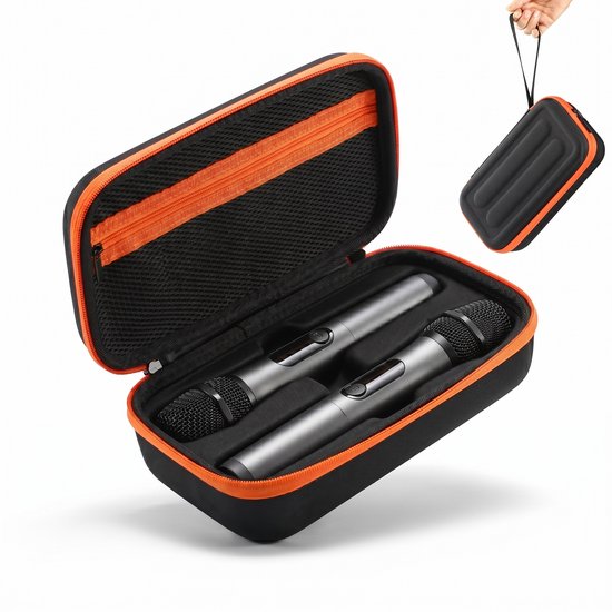 Zwarte, rechthoekige draagtas met oranje ritssluiting, twee microfoons en gaasvoering.