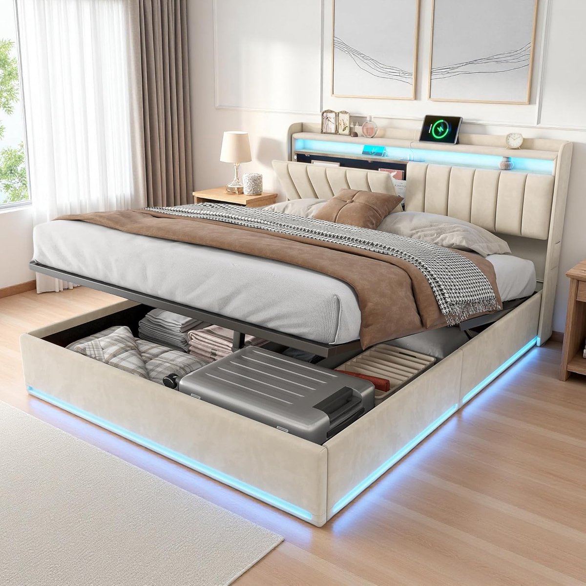 Luxe Gestoffeerd Tweepersoonsbed 160x200 cm met Hydraulisch Opbergbed, LED RGB Verlichting, USB-C & USB Oplaadpoorten, Modern Hoofdbord met Opbergruimte, Velvet Beige Bedframe