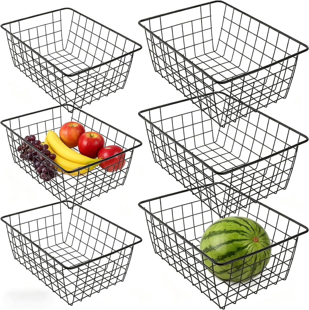 Set van 6 Zwarte Draadopbergmanden in 2 Maten voor Keuken, Badkamer en Kantoor - Ideaal voor Pantry, Koelkast, Vriezer en Kasten