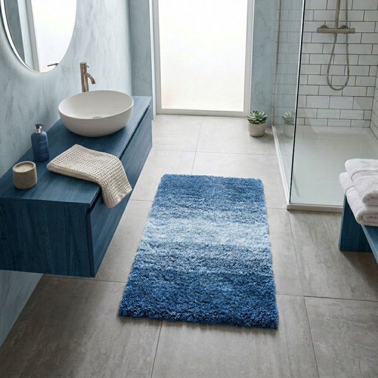FLOORDIREKT Wave Baddeken - Antislip & Sneldrogend - Baddeken - Badmat - Douchemat - Blauw/Wit - 70 x 100 cm