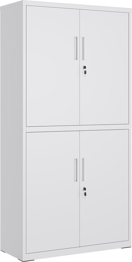 Zilverkleurige metalen archiefkast met 4 deuren en 2 sloten, staand op een witte achtergrond. De kast heeft 2 compartimenten.