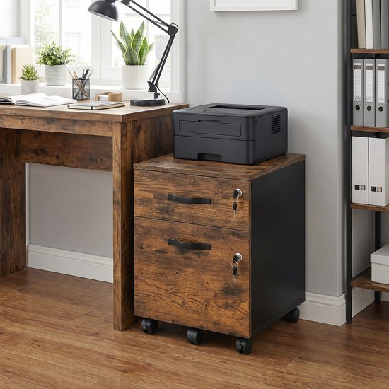 Ladeblok met 2 lades, houtkleur en zwart, met printer en bureau in kantoor.