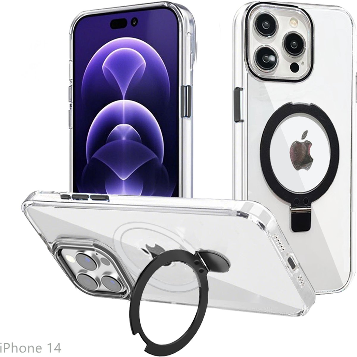 Hoesje voor iPhone 14, Compatibel met MagSafe, Magnetische Case met 360° Draaibare Standaard, Anti-Verkleuring Hoes, PC Lichtgewicht-Zwart