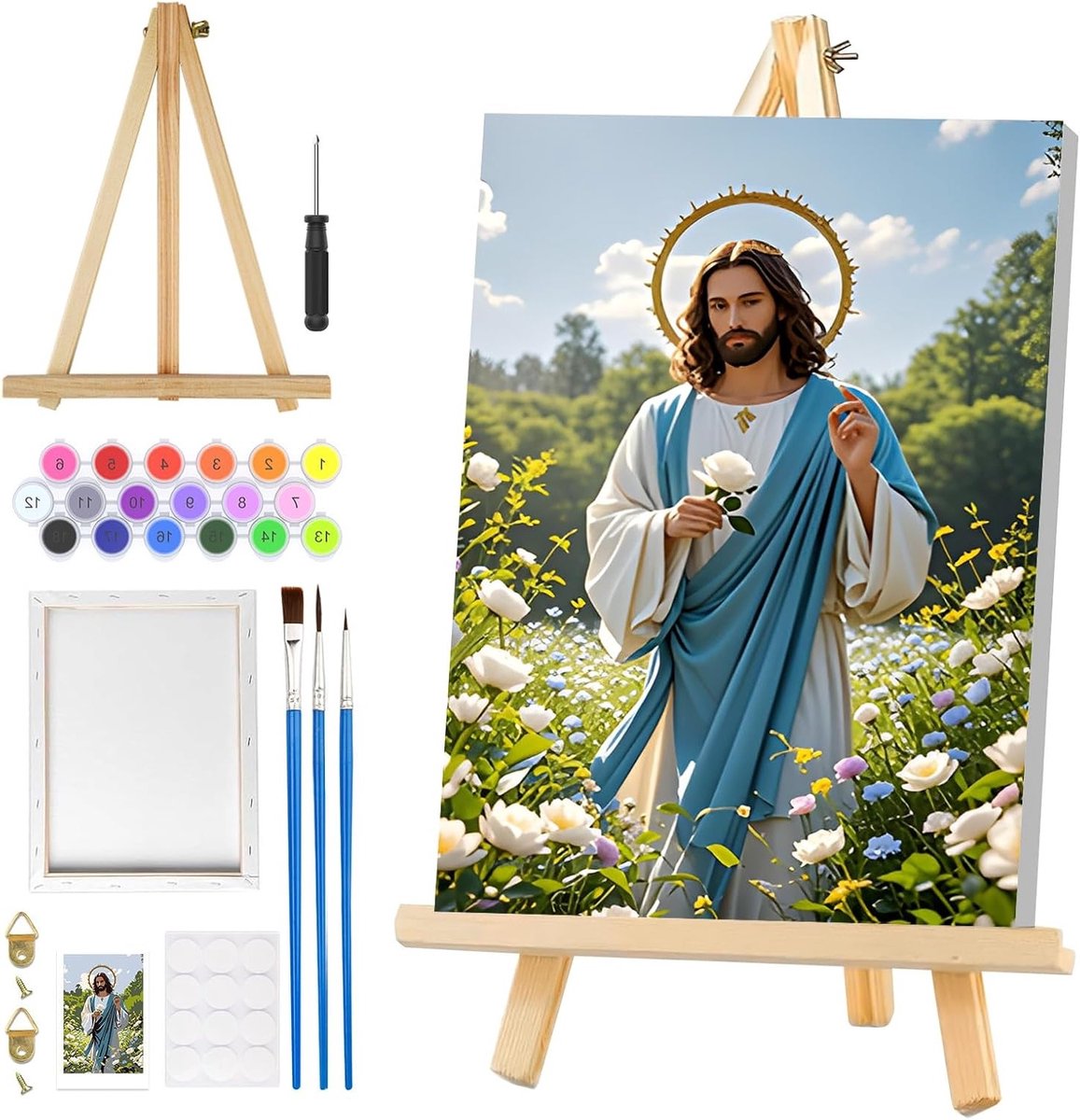 Schilderen op Nummer met Jezus voor Volwassenen - DIY Landschap Olieverf Canvas Set met Houten Easel en Acrylverf - Creatieve Hobby voor Thuis