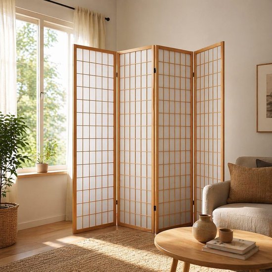 HOMCOM Kamerscherm voor binnen, 4 panelen, 181 W x 180 cm, 2 inklapbare planken, ruimteverdeler, grenenhout, bamboe, stof, bruine papiervezels