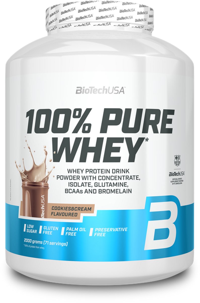 BioTechUSA 100% Pure Whey | Eiwitpoeder met BCAA en Glutamine | Glutenvrij, Palmolievrij | 21g Eiwit per portie, 2 kg, Koekjes & Crème