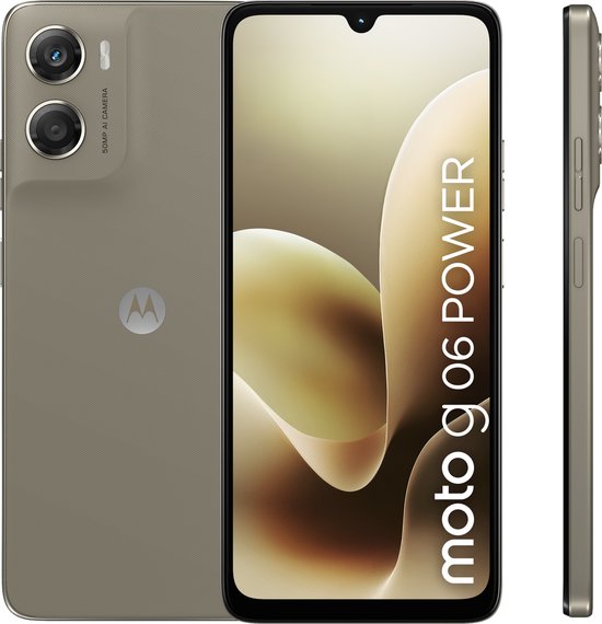 Set van een taupe smartphone: achterkant, voorkant met 'moto g06 POWER' en zijprofiel.