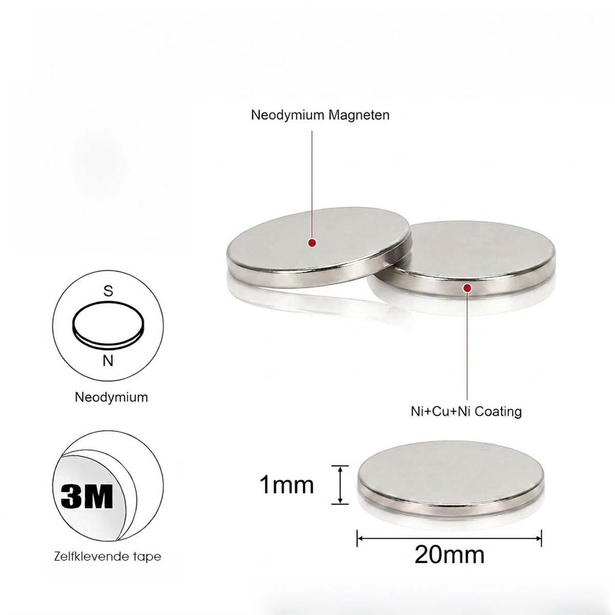 Brute Strength - Super sterke magneten - Rond - 20 x 1 mm - 3M- Zelfklevend - 20 Stuks - Dubbelzijdig tape - Neodymium magneet sterk - Voor koelkast - whiteboard — afbeelding 3