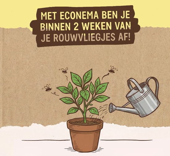 Illustratie van een plant in pot die wordt watergegeven, met rouwvliegjes eromheen.