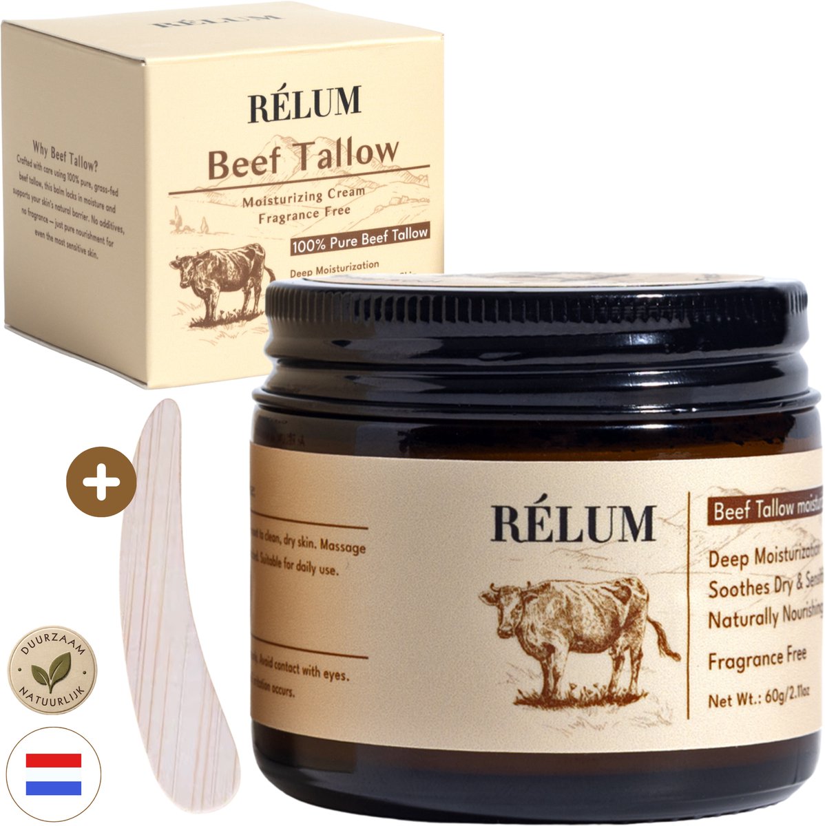 Rélum® Beef Tallow - 100% Puur - Zonder Toevoegingen - Rundertalg - Dagcreme voor vrouwen - nachtcreme - Balm - voor Gezicht & Lichaam - 60 ml