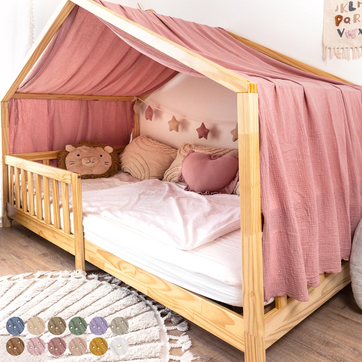 LILIMAUS Huisbed hemeltje uit één stuk met gouden details - bedhemel voor huisbed - 135 x 420 cm - mousseline katoen - oudroze