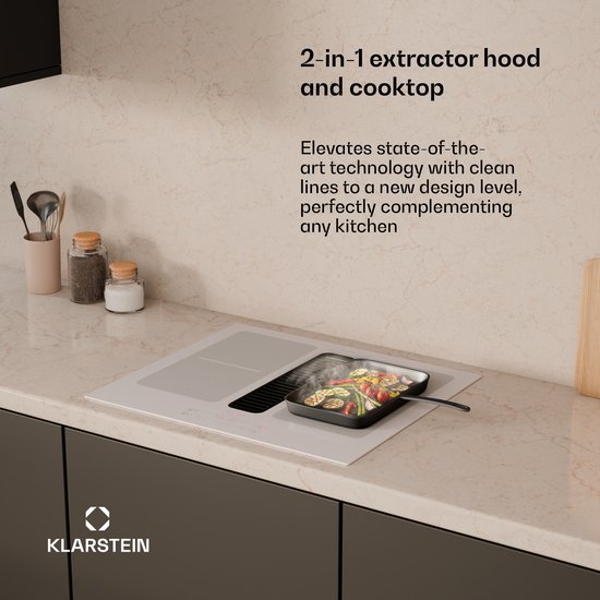 Klarstein Inductiekookplaat Full House met afzuiging - 60 cm, 4 zones, flexzones, 7335 W boost, geïntegreerde downdraft afzuiging 530m³/h, touch control, timer, kinderslot, glaskeramiek, wit - Induction Hob - Inductie Kookveld