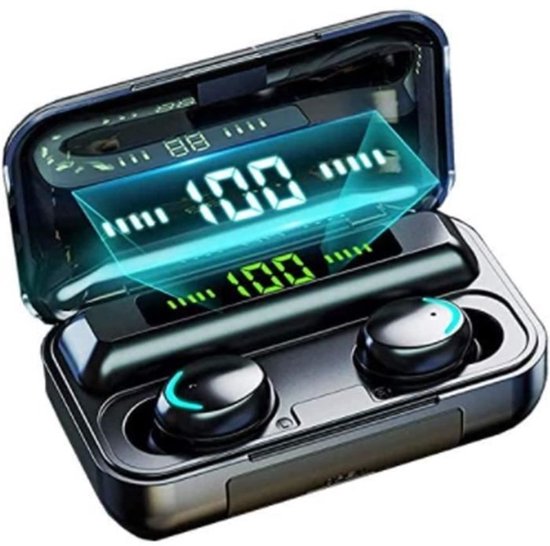 Zwarte draadloze oordopjes met oplaadcase, display toont 100% batterij.