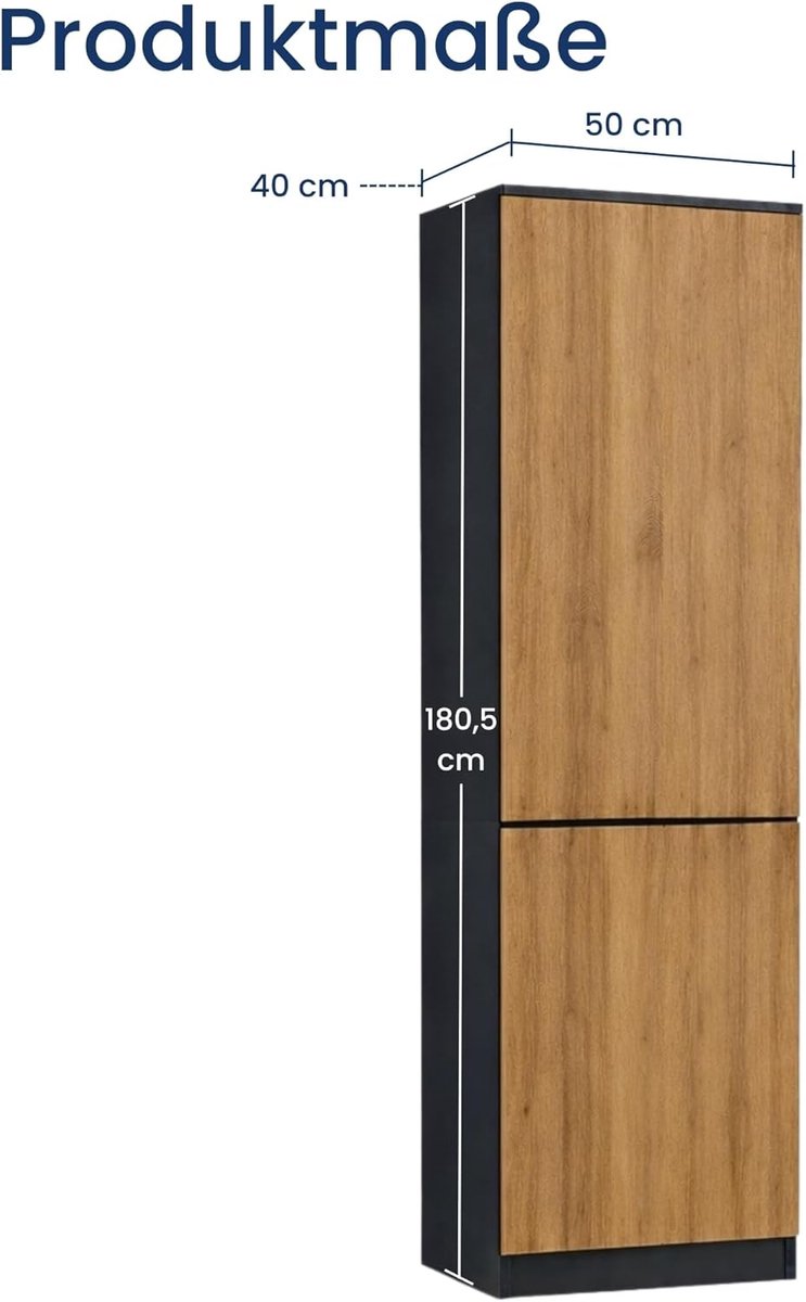 Kledingkast Antraciet Eiken 50 cm Smal – Garderobekast met 2 Deuren & 5 Legplanken – Multi