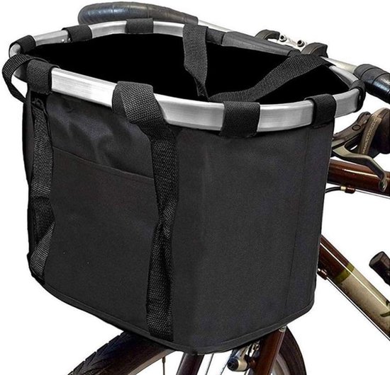 Zwarte fietsmand aan de voorkant met een aluminium frame en stoffen zijkanten.