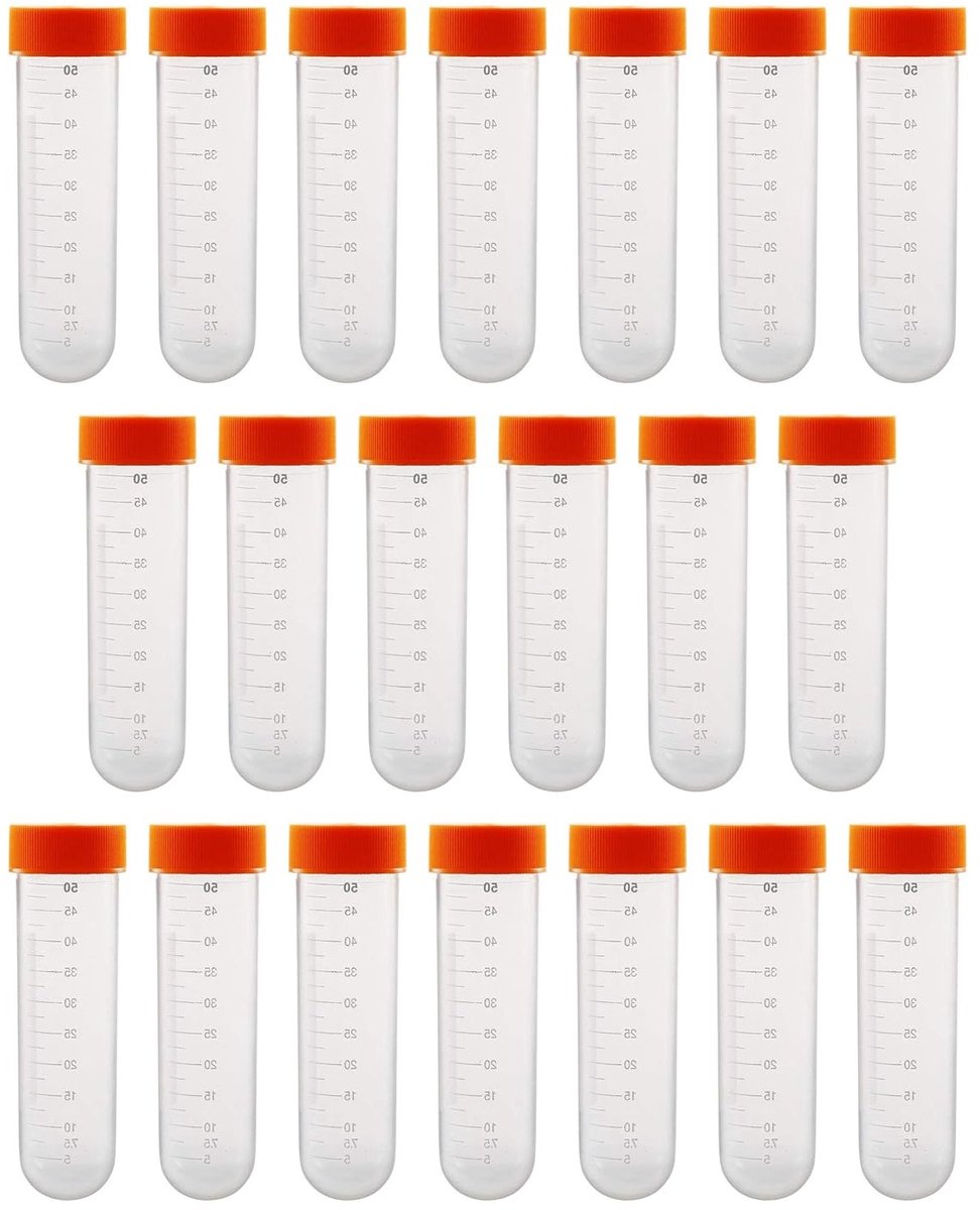 Set van 20 Plastic Proefbuizen met Schroefdoppen voor Laboratorium Experimenten, Geschikt voor Centrifuge, Oranje, Ronde Bodem