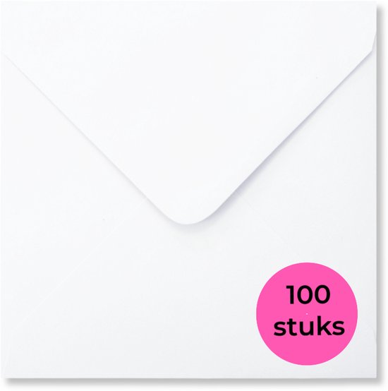 Witte envelop met roze sticker '100 stuks'. Vierkante envelop, 14x14 cm.