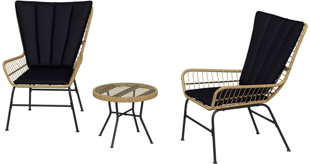 Gutent Stoel Loungesets - Zitgroep - 3 Delig - 2 Stoelen - 1 Salontafel - Gehard Glas - Incl Kussens - Ratten - Zwart
