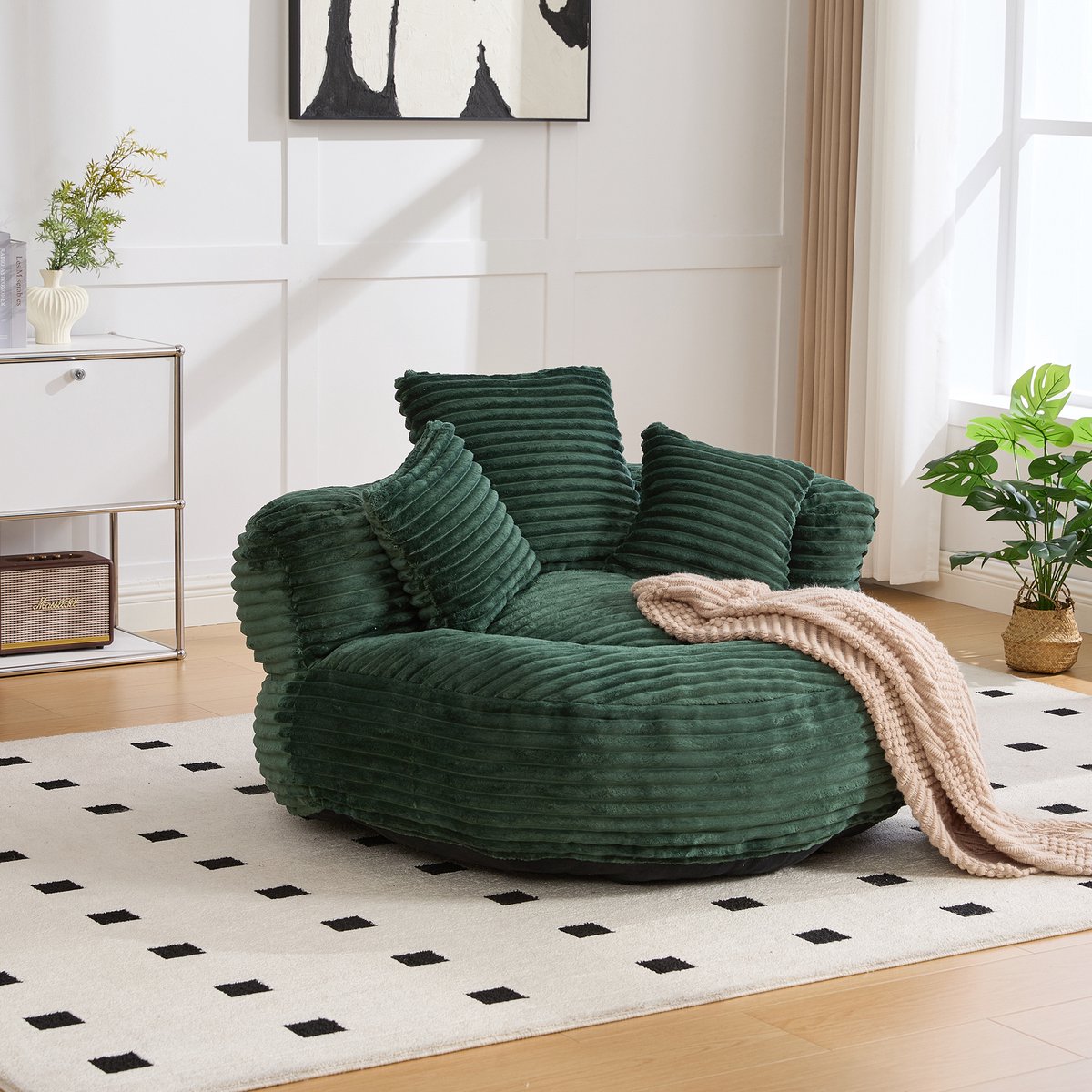 MODENUIT Zitzakstoel 108x108x52 cm - Hoge Rugleuning met Armleuningen - Voor Woonkamer en Slaapkamer - Cord Groen
