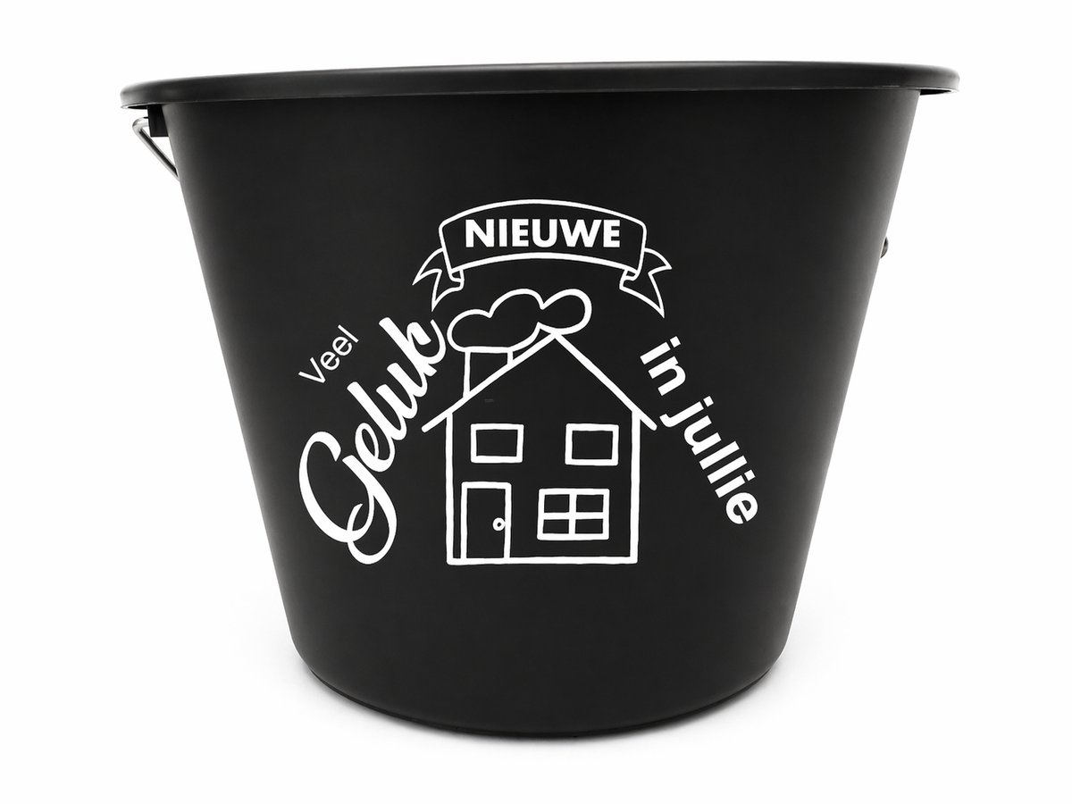 Bedrukte emmer, Veel geluk in jullie nieuwe huis, Nieuwe woning, Cadeau emmer, Cadeau nieuwe woning