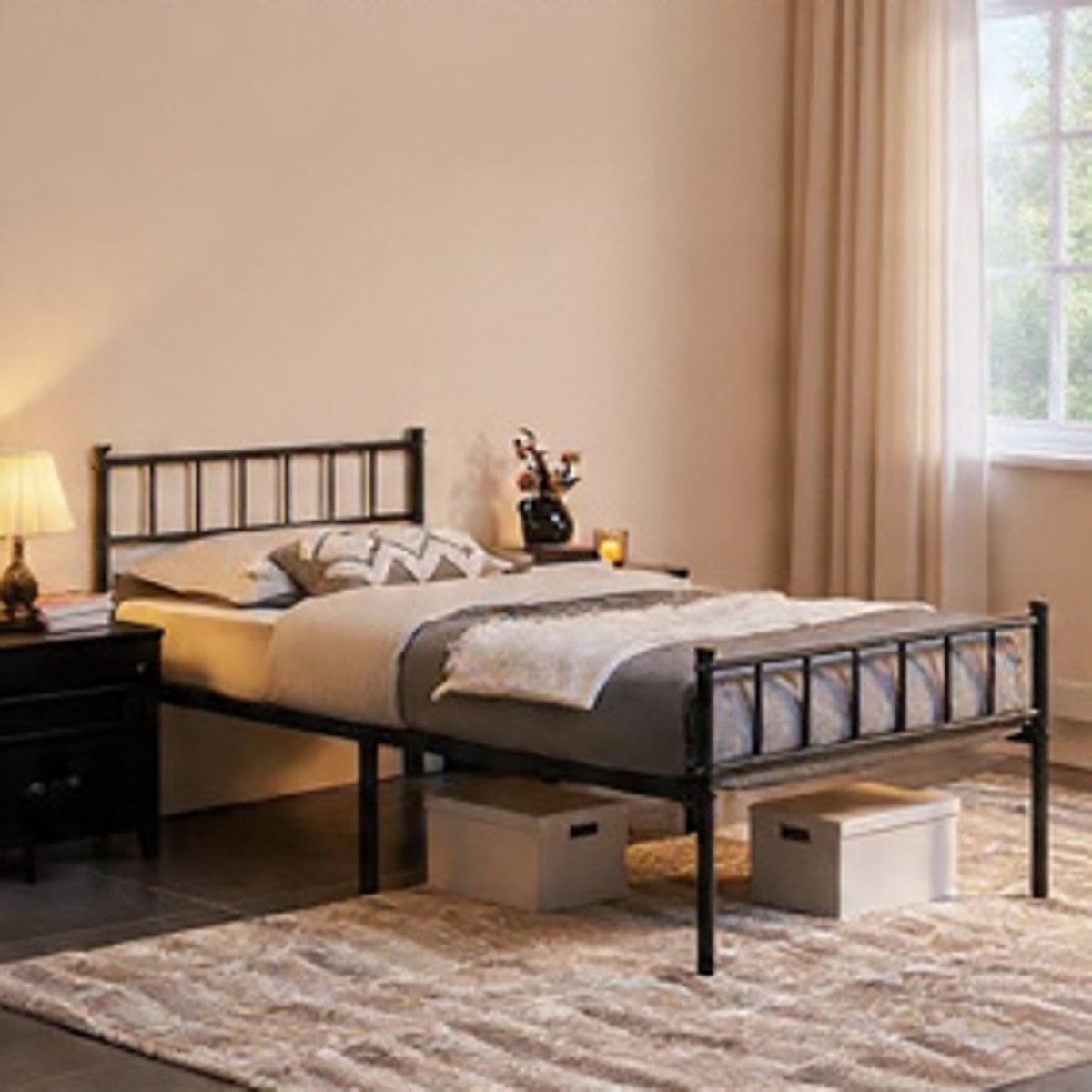 Mobili Bella Metalen Bedframe 90x200 cm met Hoofdbord – Stevig Eenpersoonsbed met Lattenbodem, Opbergruimte Onder Bed – Modern Zwart Logeerbed voor Slaapkamer en Gastenkamer