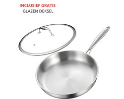 LuxoraLife® Koekenpan - Ø 28 cm - PFAS & PTFE vrij- Inductie - RVS -Glazen deksel-Geschikt voor alle warmtebronnen