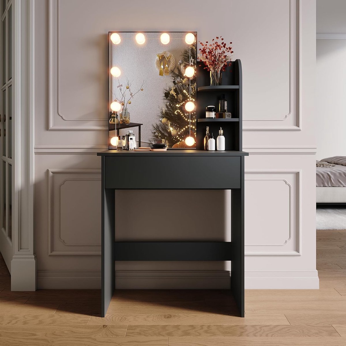 Luxe LED Make-up Kaptafel “GlowVista HD Mirror” met 10 Dimbare Lichtstanden, 3 Lichtkleuren, 3 Open Opbergvakken en Lade – Zwart 70x40x140 cm