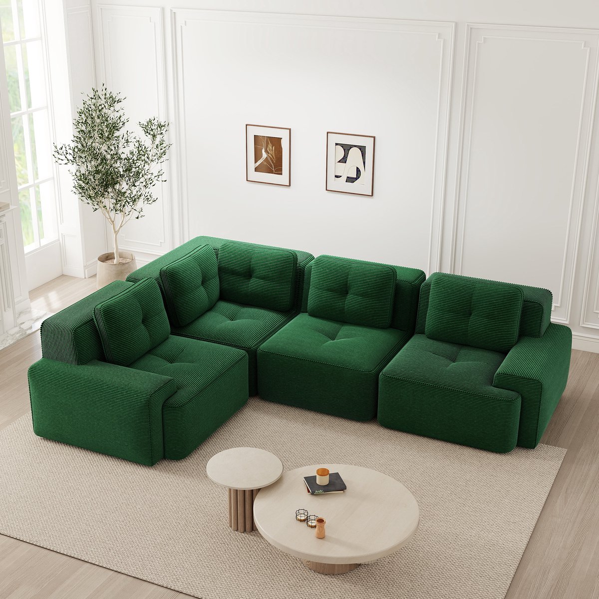 FloraGrace Modulaire Hoekbank - Geen Montage Nodig, Flexibel Te Combineren - Voor Woonkamer Of Kantoor - Corduroy - Groen