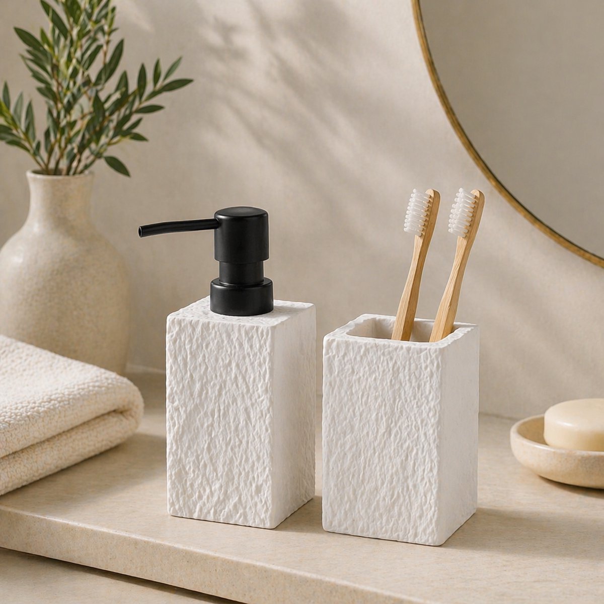 By Viento Luxe Badkamer Set – Zeepdispenser 400ml & Tandenborstelhouder – Stone Look – Polyresin – Wit/Zwart