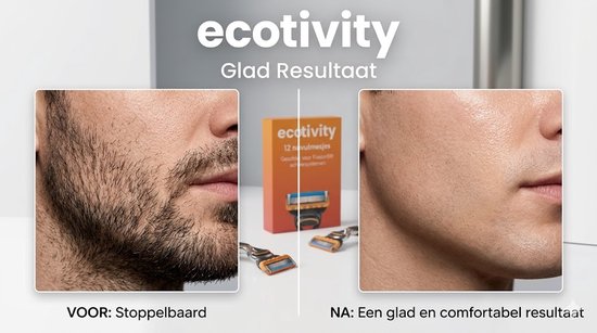 Voor en na-afbeeldingen van gezichtshaar dat wordt geschoren met Ecotivity scheermesjes. De verpakking van 12 mesjes is zichtbaar.