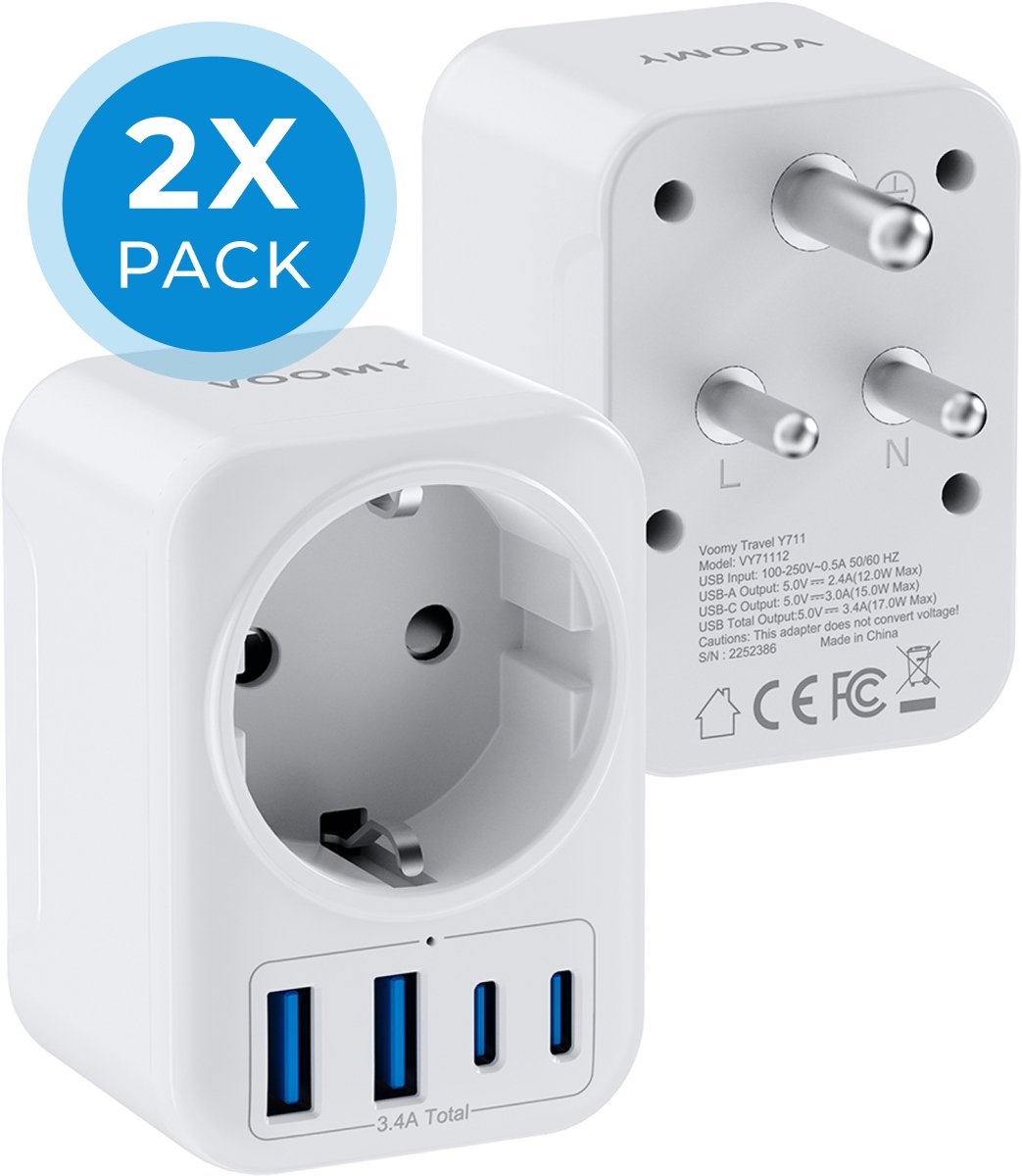 Voomy Reisstekker Type D 2x Pack - 2x Usb-C & 2x Usb-A - Wereldstekker geschikt voor India, Sri Lanka, Pakistan, Nepal - Wit