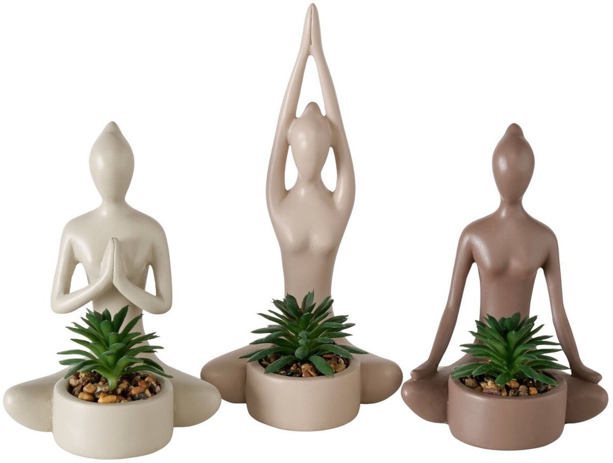 Boltze - Yoga - Plantenpot - Beeld - Sculptuur - Kunstplant - Set van 3 - Bruin, Beige, creme
