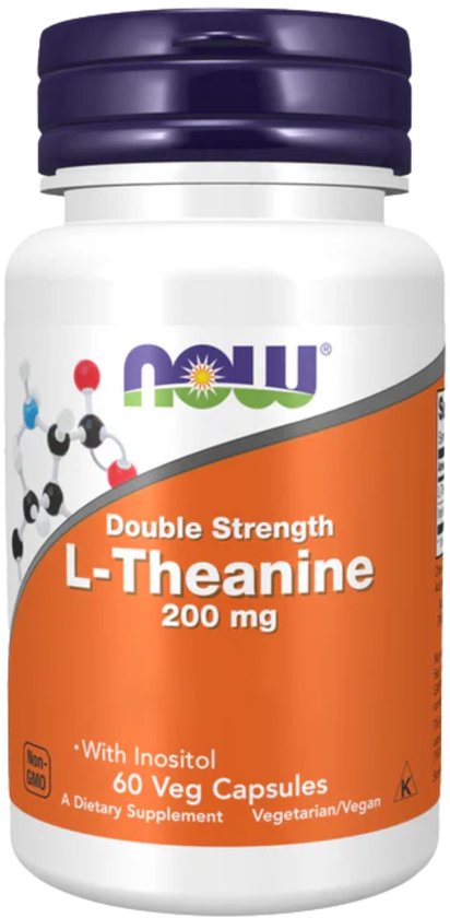 Fles met 60 vegetarische capsules L-Theanine 200 mg van Now Foods, met Inositol, Non-GMO.